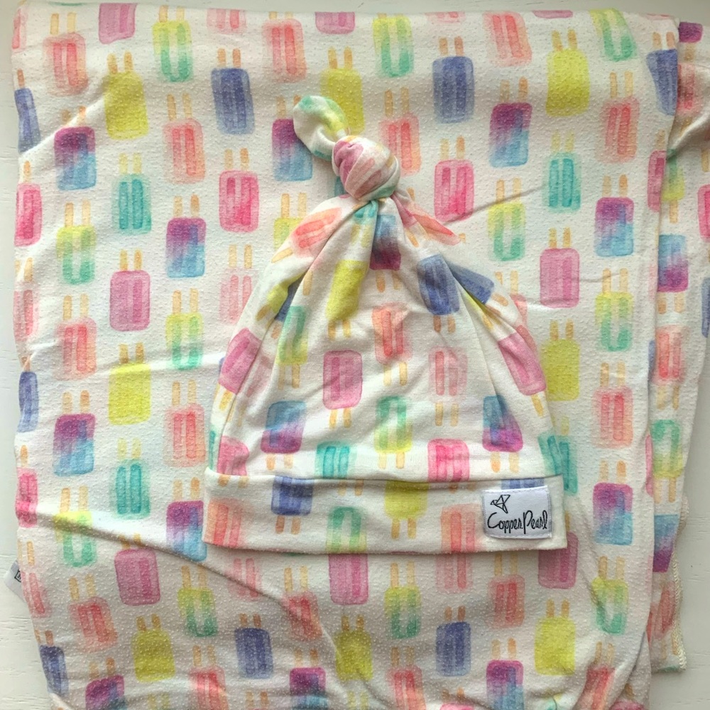 Copper Pearl popsicle swaddle with matching knotted hat